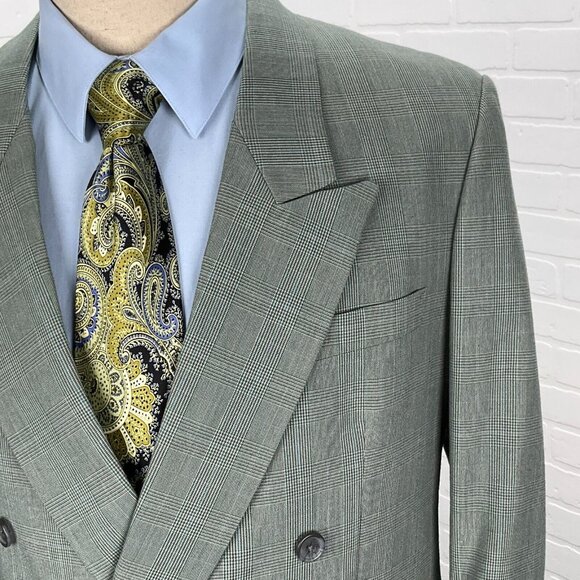 Unbranded Blazer Men 40 Black Teal‎ Blue Houndstooth Plaid Double Breasted VTG - Picture 2 of 11